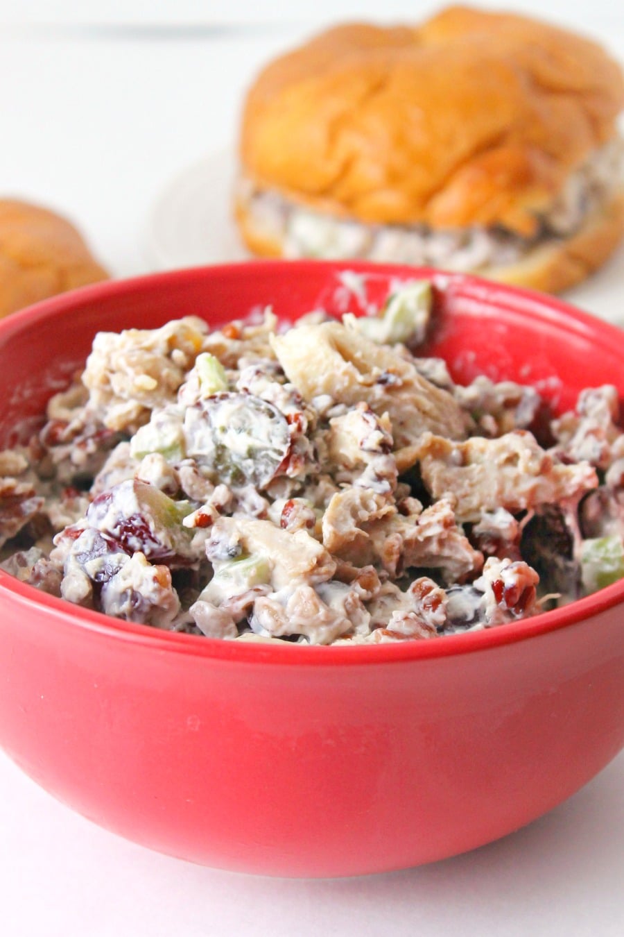 easy chicken salad recipe in a red bowl
