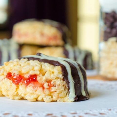 strawberry-filled chocolate dipped rice krispie treats
