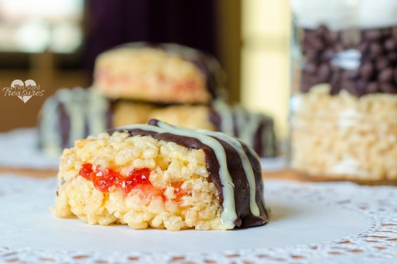 strawberry-filled chocolate dipped rice krispie treats