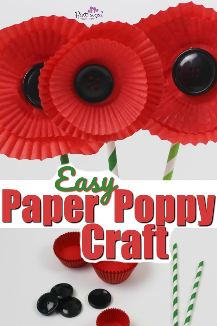 Kids will love this adorable, paper poppy craft that's made from cupcake liners! #papercraft #springpapercrafts #spring #poppycraft #poppies #remembrancedaycraft #patrioticraft #easypapercrafts