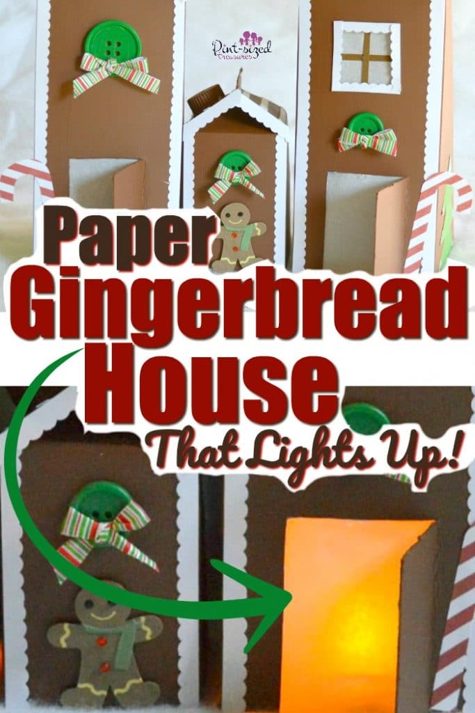 A simple paper gingerbread house that really lights up! Using recycled milk and juice cartons, these adorable gingerbread houses are the perfect Christmas craft for kids! 3Christmas #gingerbreadmen #gingerbreadhouse #Christmascrafts #Christmascraftsforkids #easycraftsforkids #easycrafts #holidaycrafts #tealights #paperChristmascraft