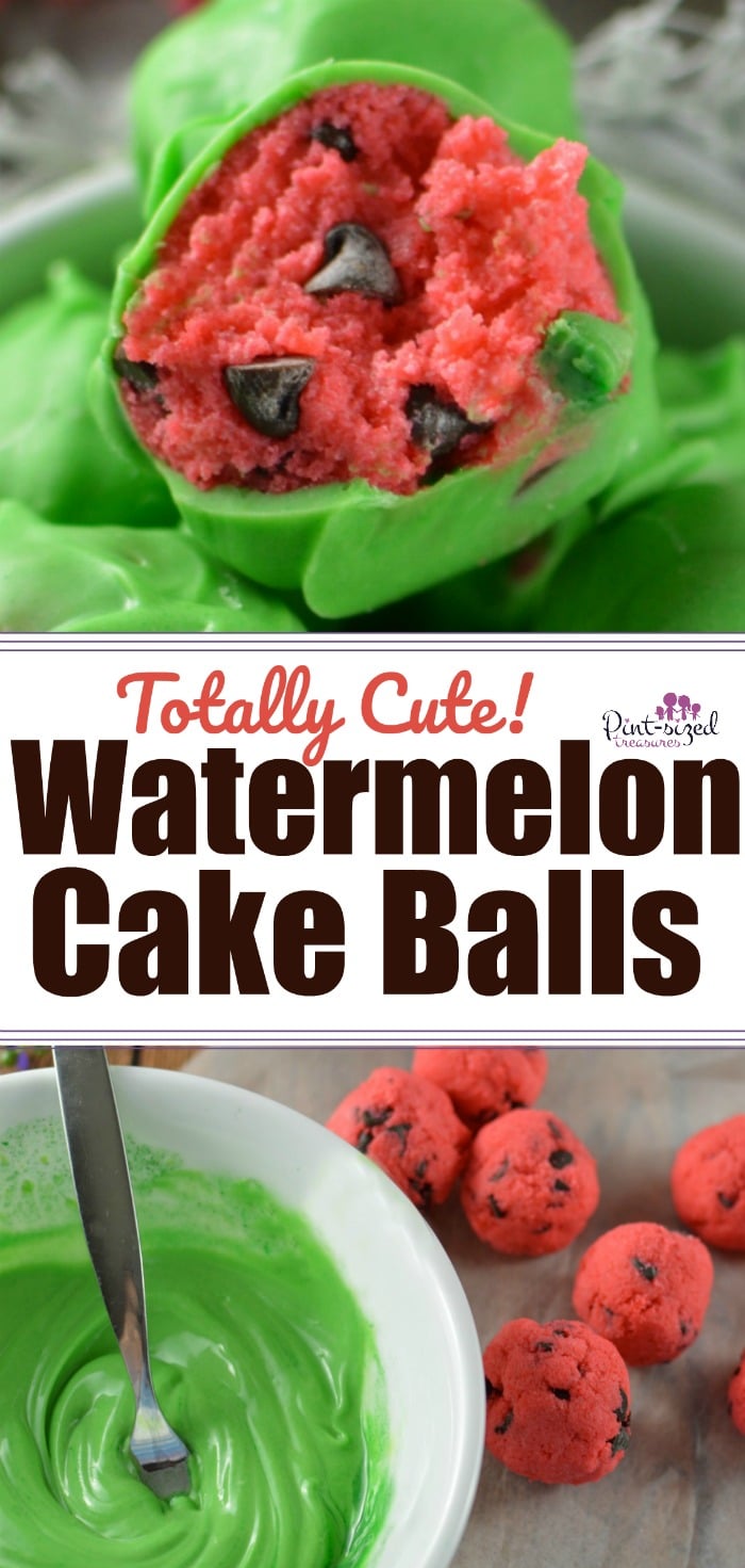 These totally cute, watermelon cake balls  are made from a strawberry cake mixed have tiny chocolate chips all tucked inside. Lastly, the cake balls are dipped in gorgeous, green chocolate to create the yummiest, and prettiest cake pops! #watermeloncakeballs #watermeloncakepops #watermelontreats #cakepops #cakeballs #cakemix #easydessert