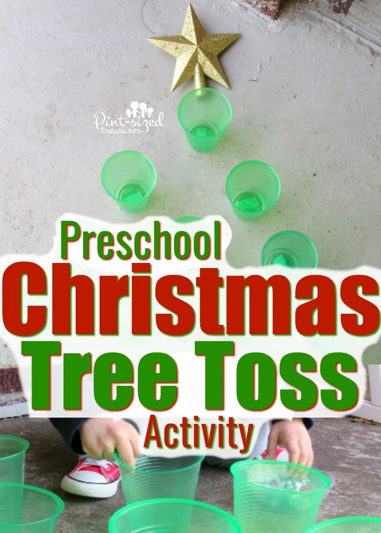 Preschoolers love this super simple Christmas tree toss activity that uses cups and Hershey kisses! Keep Christmas super fun and simple with this preschool activity! 3Christmasgames #preachoolactivity #Christmas #Christmaspreschool #Christmasactivities #Preschoolideas #gamesforpreschoolers #Christmasgames #hersheyskiss #gamesforkids