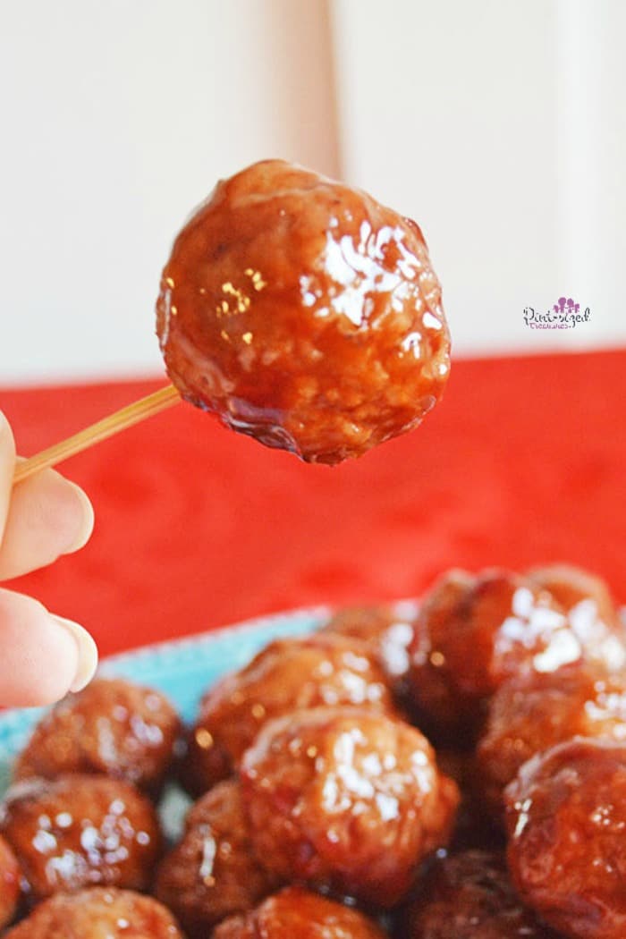 slow cooker meat balls on a toothpick