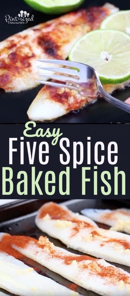 Easy, five-spiced, baked fish is absolutely delicious! It's ready in just minutes and is packed full of fresh flavors and spices! #bakedfishrecipe #easybakedfish #fishrecipes #easymealidea #easydinner #quickandeasymeal #bakedfishmeal #20minutemeals #familyrecipes