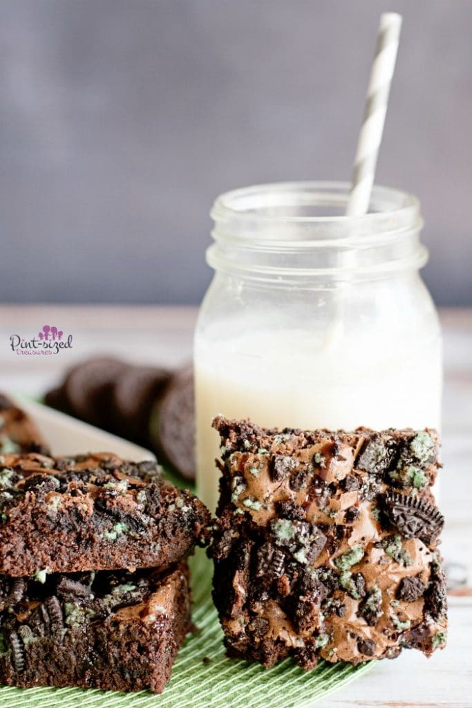 Serve fudgy, Oreo,mint brownies with a chilled mason jar of milk!
