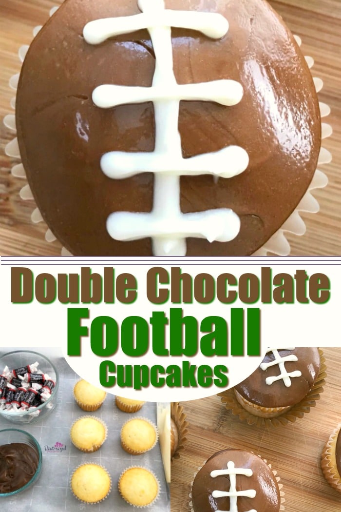 Easy double chocolate football cupcakes are perfect for the football fanatic in your life! Great for parties or game night. Incredibly yummy! #football #footballcupcakes #footballsnacks #footballtreats #footballseason #familyfootball #Footballparty #tailgaiting #footballdessert #chocolatedessert #chocolatecupcake #footballcake