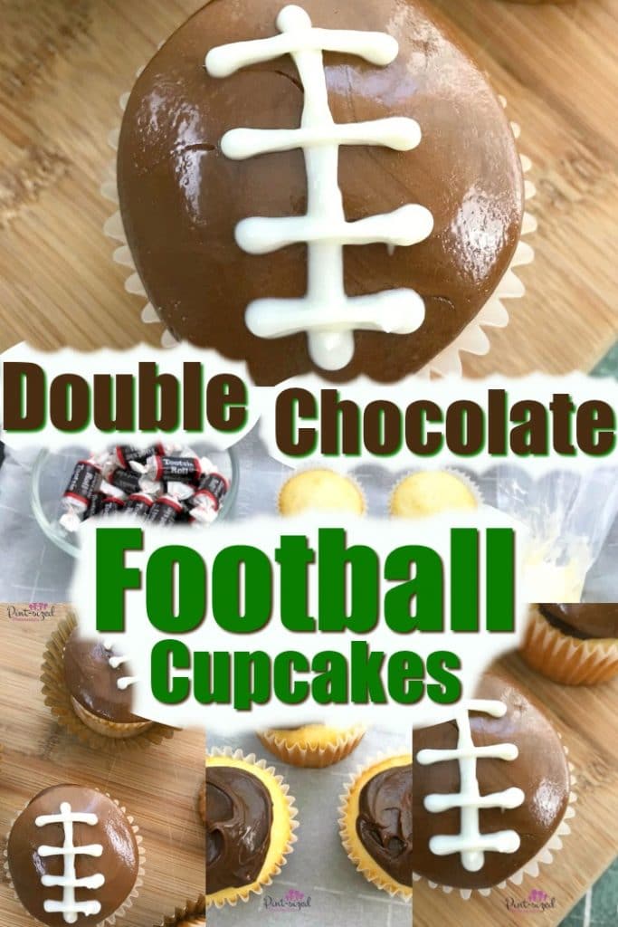 Easy double chocolate football cupcakes are perfect for the football fanatic in your life! Great for parties or game night. Incredibly yummy! #football #footballcupcakes #footballsnacks #footballtreats #footballseason #familyfootball #Footballparty #tailgaiting #footballdessert #chocolatedessert #chocolatecupcake #footballcake