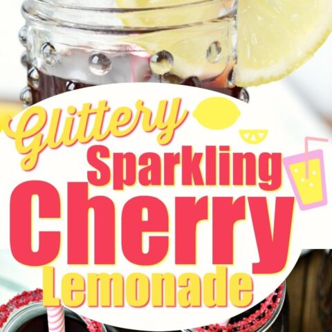 Easy glittery, sparkling, cherry lemonade is the perfect drink to relax with after a busy mom day! #lemonade #cherrylemonade #ad #Drinkrecipes #easydrinks