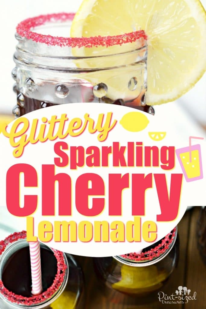 Easy glittery, sparkling, cherry lemonade is the perfect drink to relax with after a busy mom day! #lemonade #cherrylemonade #ad #Drinkrecipes #easydrinks