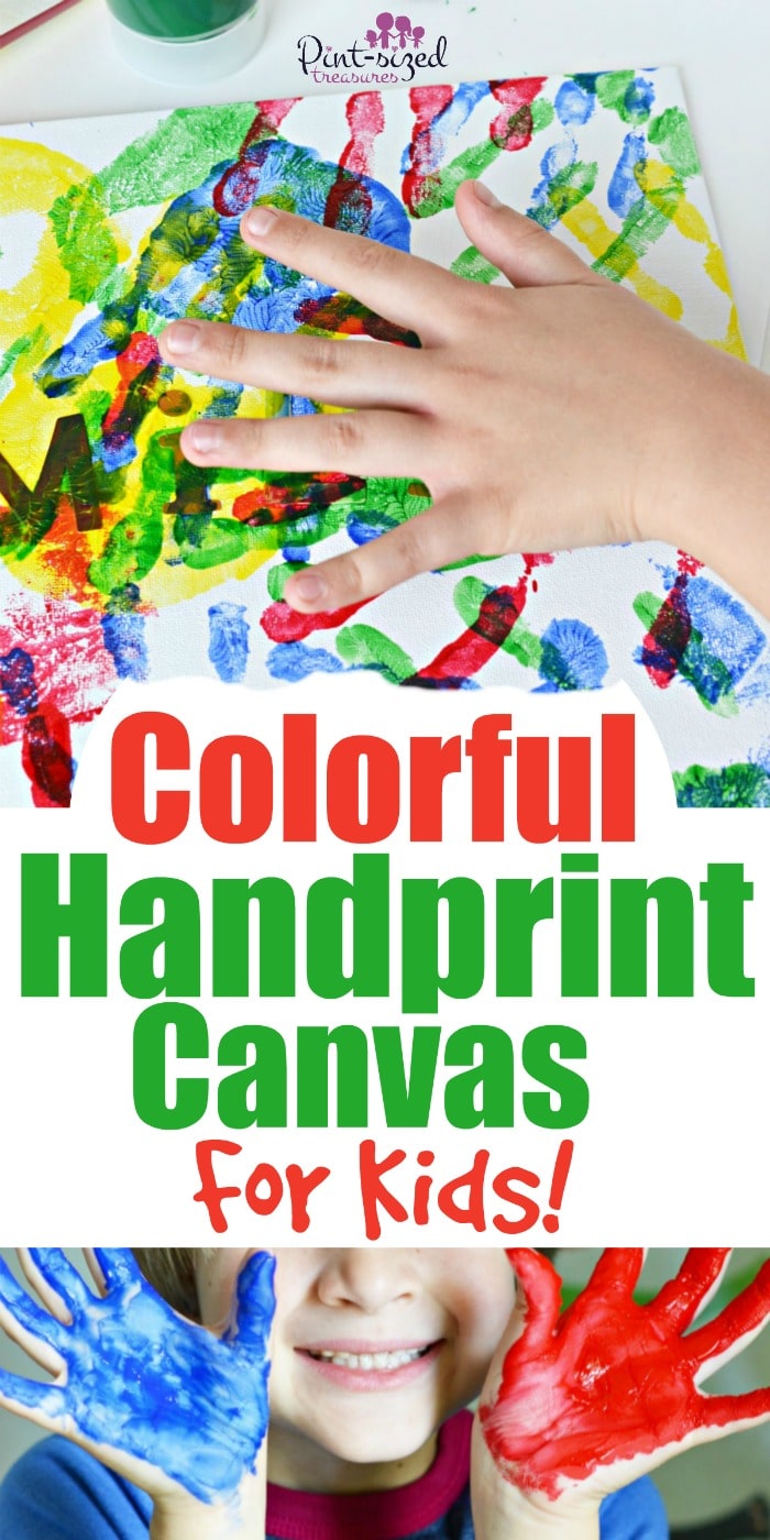 Easy colorful handprint canvases for kids are super fun to make! A great way to keep your child's little handprints saved and displayed! #ad #handprintart #Handprintcanvas #diycanvas #handprintdiy #handprintcraft #craftsforkids #handprintcraftsforkids