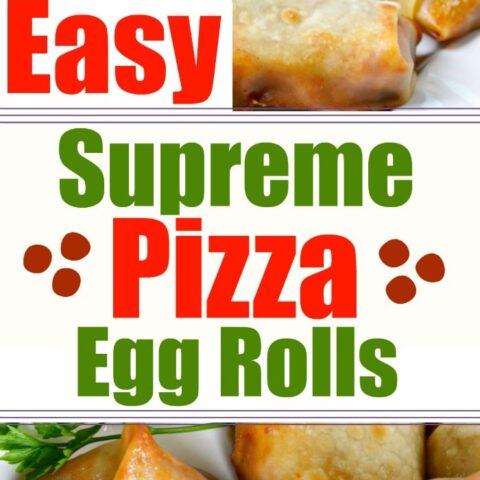 Easy supreme pizza egg rolls are perfect for tailgating during college football season! These egg rolls are packed with your favorite pizza flavors, bacon, hamburger, and loads of cheese! Dig into this pizza favorite today! #ad #pizza #easypizza #eggrolls #pizzaaeggrolls #tailgating #partyfood #appetizers #easyappetizers #pizzarolls