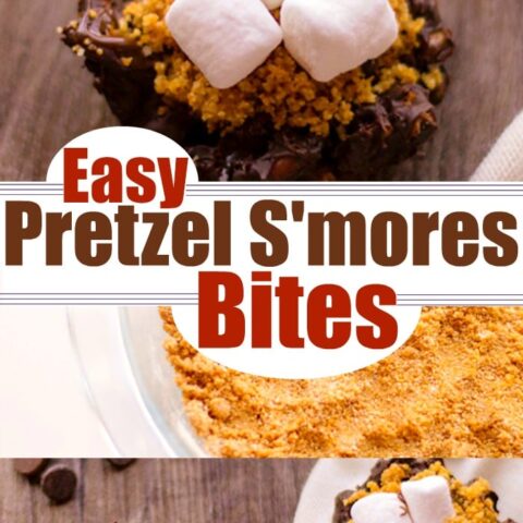 Chopped pretzels are coated with chocolate, placed in tins and topped with additional chocolate, graham cracker crumbs and mini marshmallow to create a crazy yummy, sweet and salty pretzel s'mores bites recipes! Perfect for s'mores fans! #easysmores #pretzelsmores #Sweetadnsaltysmores #smoresrecipe #creativesmores #pretzeltreat