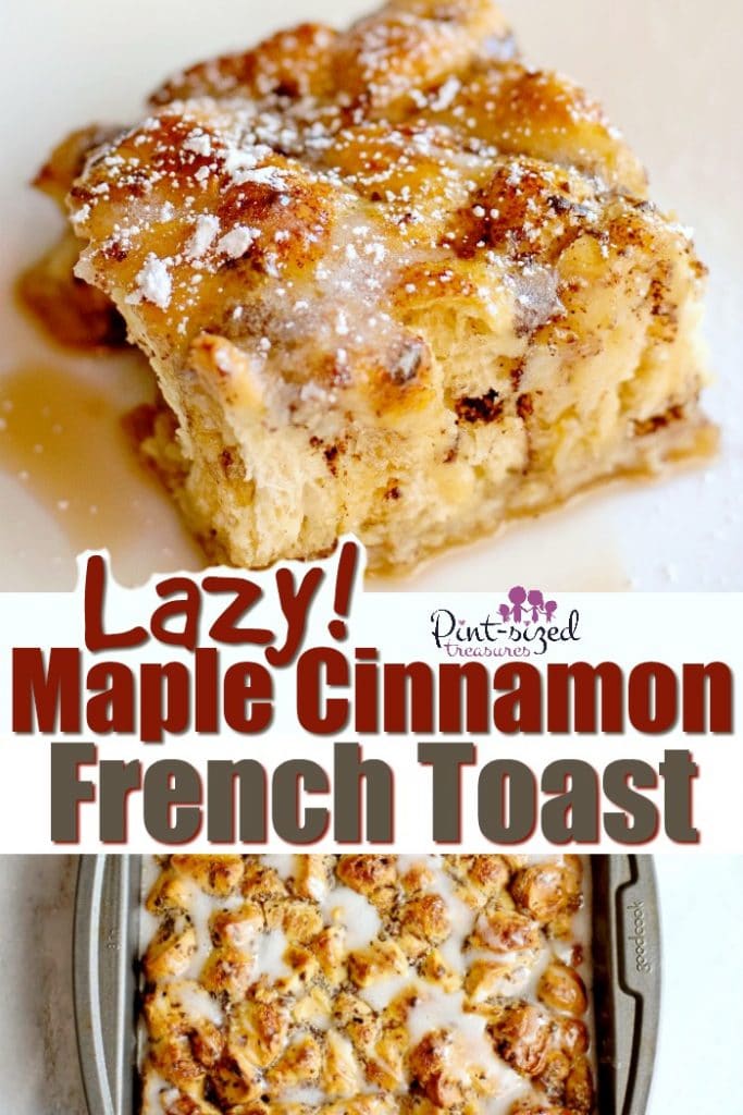 Oooh! This super LASY maple cinamon french toast recipe is baked ot perfection and filed with your favorite french toast spices! Perfect for busy moms who need a yummy but easy french toast recipe! #frenchtoast #frenchtoastrecipe #breakfastrecipe #easybreakfast #cinnamonfrenchtoast #bakedfrenchtoastrecipe #easybreakfastrecipes #breakfast