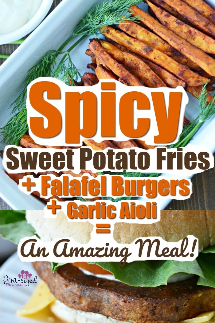Spicy sweet baked potato fries are a crazy amazing side to a hearty, Falafel burger! we even have a supersimple, garlic aioli sauce that's perfect for dipping and dressing up your fave burger! #TasteIt2BelieveIt #MorningStarFarms #bakedsweetpotato #bakedfries #sweetpotatofries #sweetpotatorecipes #bakedfries #falafelburgers #mealideas #familyrecipes #easymeals