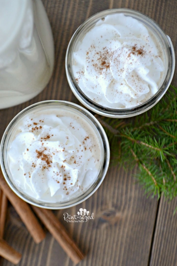 This homemade eggnog is incredibly easy! You'll love the familiar eggnog flavors without needing any egg! This recipe is ready in just a few minutes and so simple! #easyeggnog #holidays #lazyeggnog #eggnogrecipe #homemadeeggnog #pintsizedtreasures