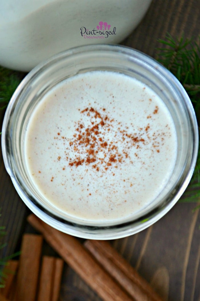 This homemade eggnog is incredibly easy! You'll love the familiar eggnog flavors without needing any egg! This recipe is ready in just a few minutes and so simple! #easyeggnog #holidays #lazyeggnog #eggnogrecipe #homemadeeggnog #pintsizedtreasures