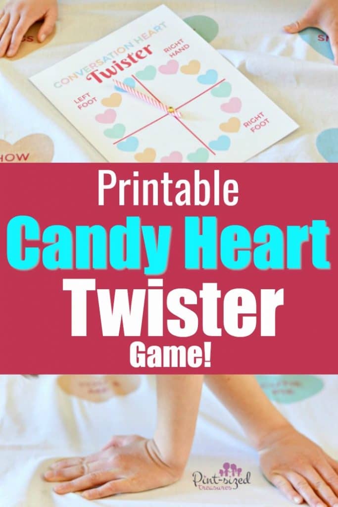 This printable Conversation Heart Twister game is super-fun for the kids...especially for Valentine's Day! #pintsizedtreasures #Valentinesday #printable #gamesforkids #Valentinesdayforkids #kids #holidays #kidsvalentines #gamesforValentinesday