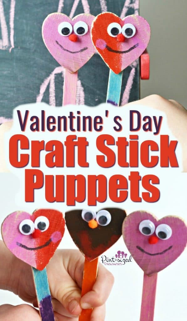 Valentine's Day, heart-shaped, craft stick puppet craft is incredibly fun, low mess and super simple! Kids, parents and teachers will LOVE this Valentine's Day kids craft! #pintsizedtreasures #Valentinesday #Valentinesdaycrafts #kidscrafts #craftsforkids #easycrafts 3heartshaped #heartshapedcrafts #Valentinesdayforkids #kidholiday #valentinesactivities