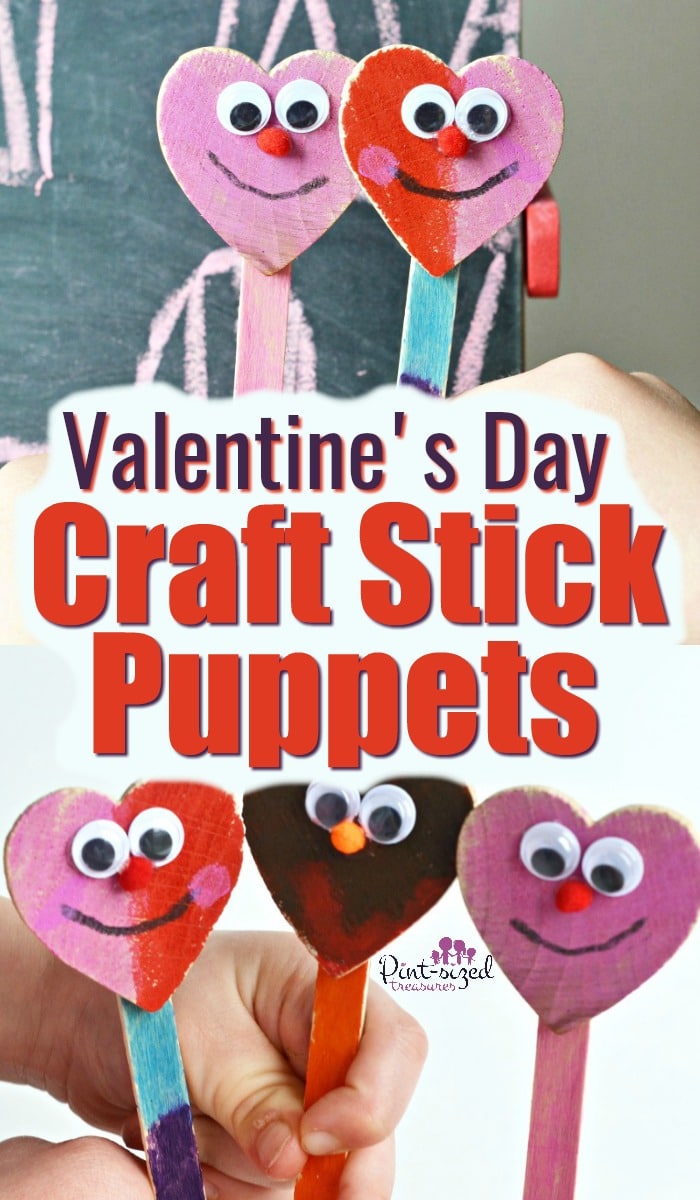Valentine's Day, heart-shaped, craft stick puppet craft is incredibly fun, low mess and super simple! Kids, parents ad teachers will LOVE this Valentine's Day kids craft! #pintsizedtreasures #Valentinesday #Valentinesdaycrafts #kidscrafts #craftsforkids #easycrafts 3heartshaped #heartshapedcrafts #Valentinesdayforkids #kidholiday #valentinesactivities