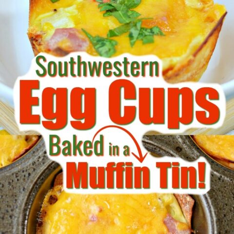 Incredibly easy egg cups that are filled with ham, cheese, Southwestern ingredients, spices and baked in a muffin tin! Perfect, super-fast, on-the-go breakfast for busy people! #eggcups #muffintinrecipes #easyeggcups #eggbake #eggmuffins #muffinomelet #bakedomeletes #easybreakfast #freezerfriendly #quickmeals #pintsizedtreasures
