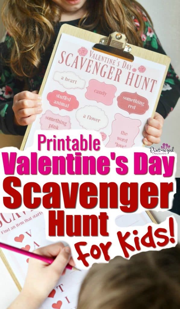 This printable Valentine's Day Scavenger Hunt is a fun way to get kids moving and celebrating Valentine's Day! Two printable Valentine's Day versions are included! #pintsizedtreasures #Valentinesday #scavengerhunt #printablegame #printablescavengerhunt #printables #Valentinesdayprintables #kids #kidsactivities