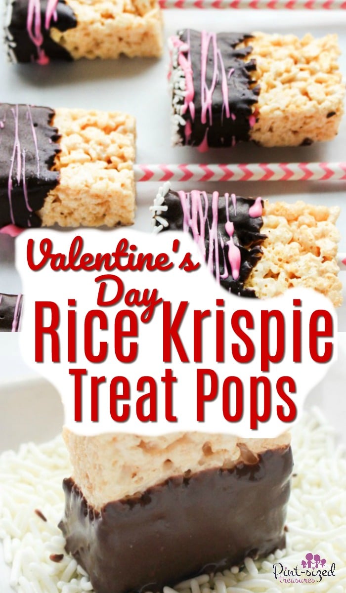 Rice Krispie treat pops are perfect for Valentine's Day! They're dipped in chocolate and covered in sprinkles! #pintsizedtreasures #ricekrispietreats #ricekrispies #treatpops #valentinesday #valentinesdayrecipe