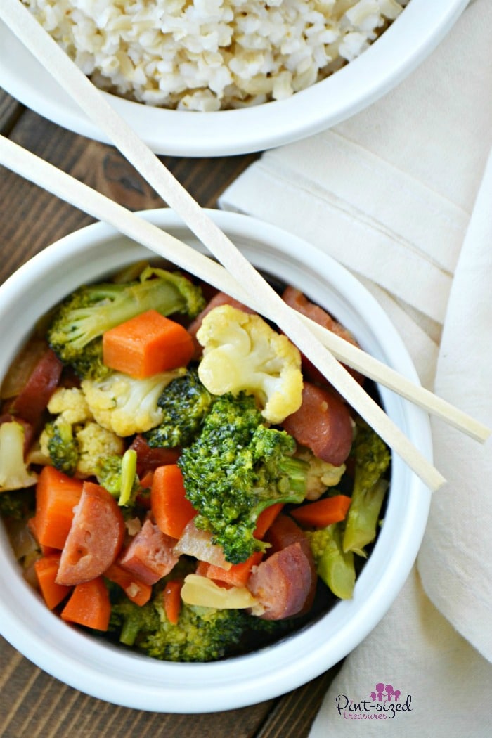 One of our favorite recipes is this Easy, Sausage and veggie stir-fry! It's ready in minutes and uses just a few ingredients to get dinner on the table FAST!
