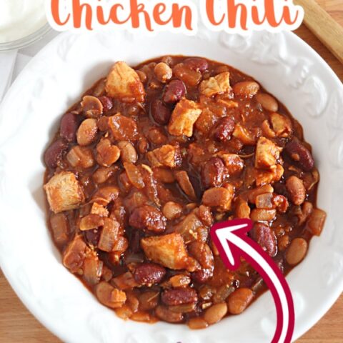 chicken chili recipe served in white bowl