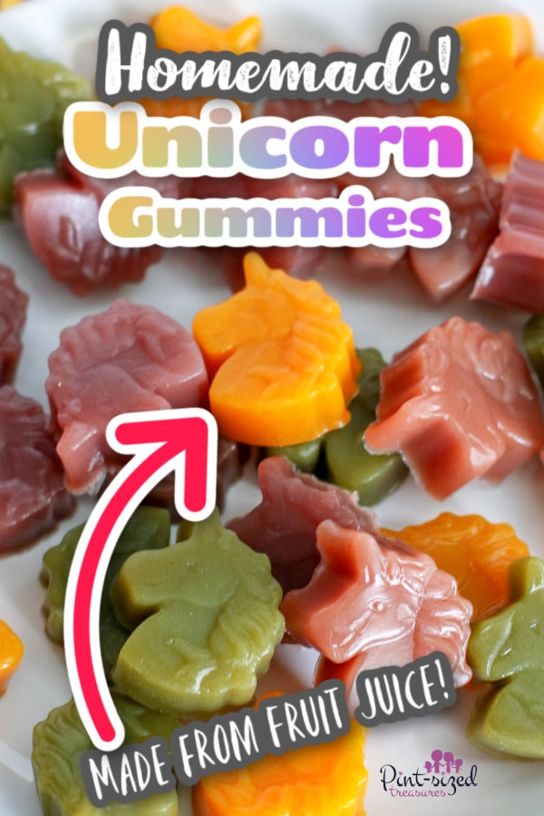 homemade unicorn gummies made from fruit juice sitting on a serving plate