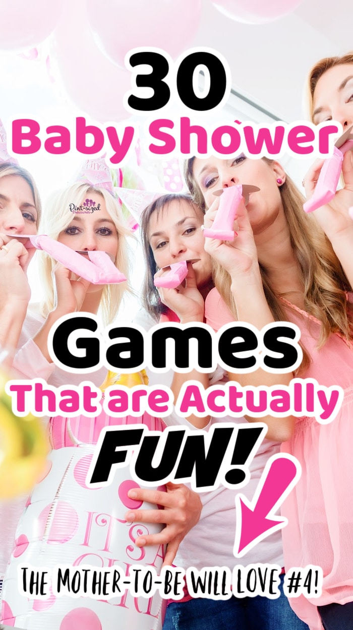 women playing baby shower games