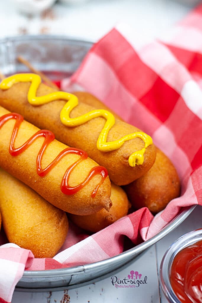 homemade corn dogs on serving tray
