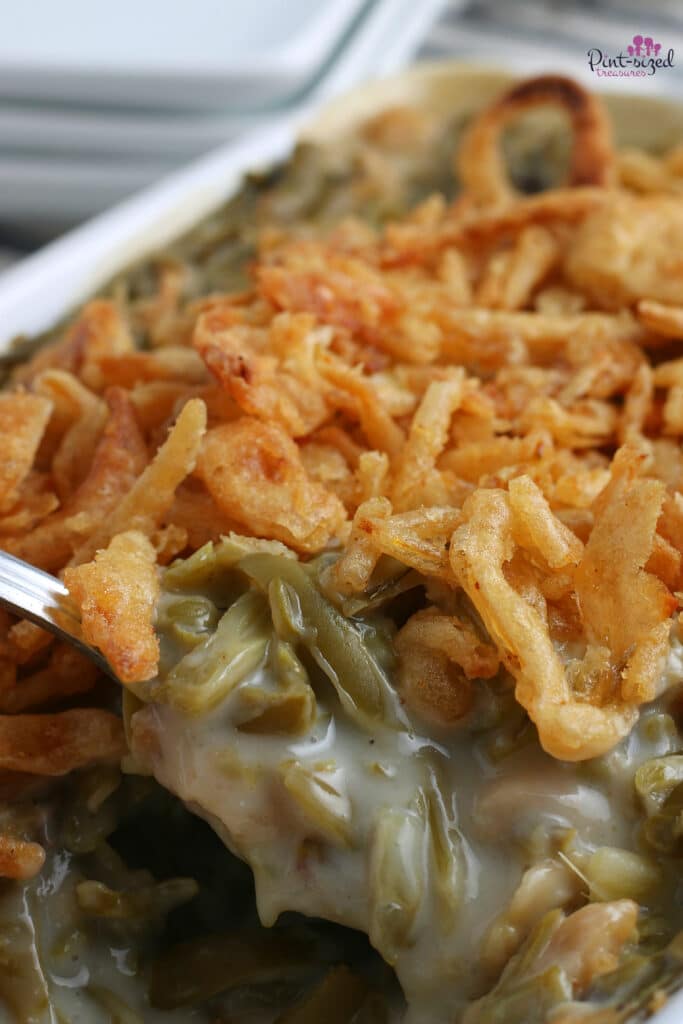 close up of french fried onions on green bean casserole recipe