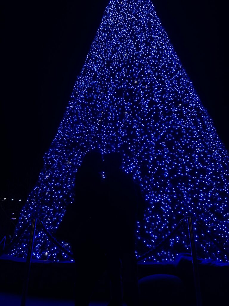 kissing at the Christmas tree in Dollywood
