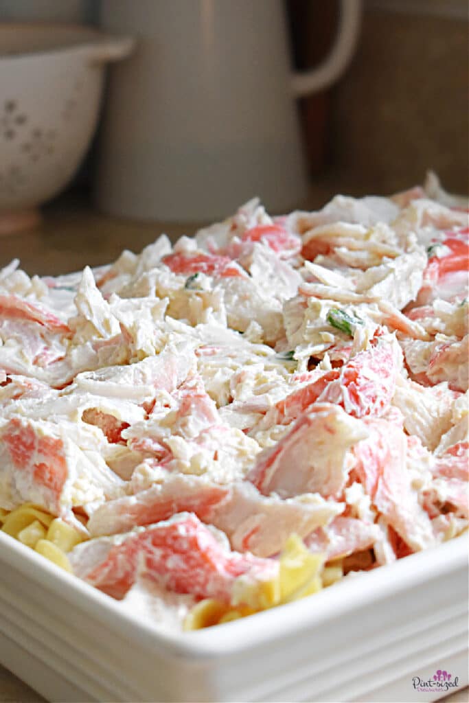 crab rangoon casserole in white baking dish