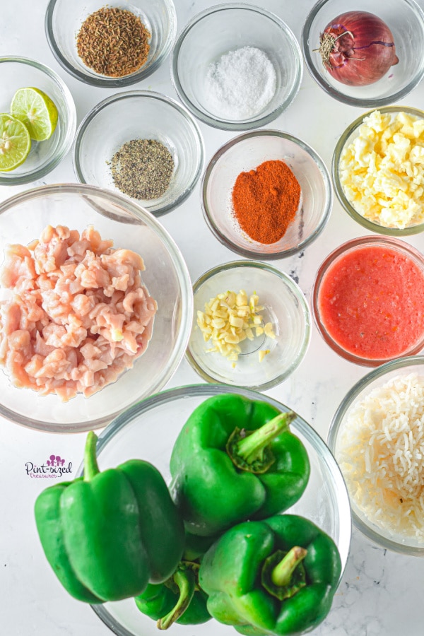 ingredients needed to make the recipe for stuffed peppers made with chicken in an air fryer