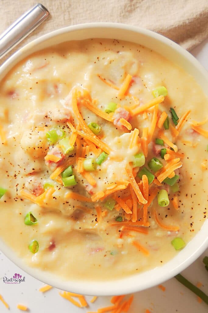 cheddar cheese and green onions in loaded potato soup