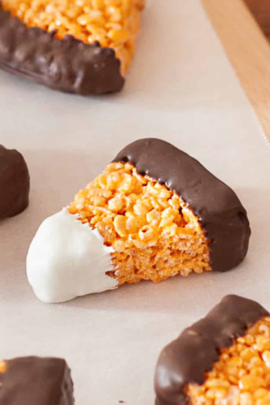 candy corn Rice Krispie treats dipped in chocolate