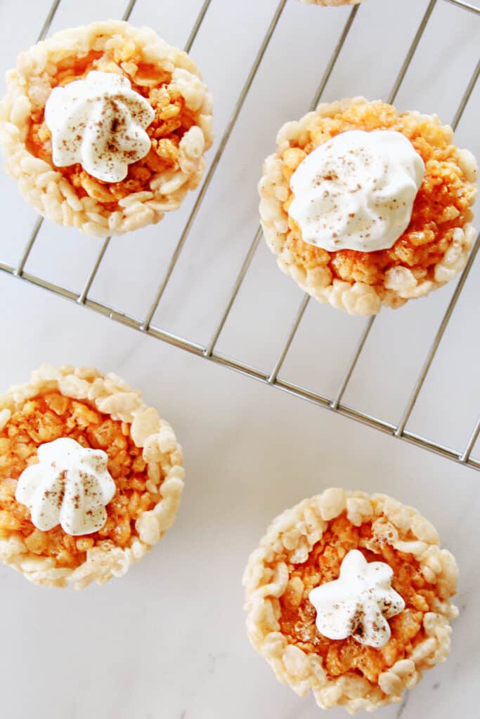 mini pumpkin pie Rice Krispie treats with whipped cream