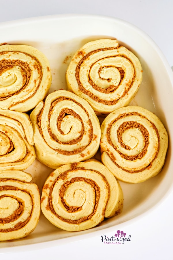 cinnamon rolls in white baking dish
