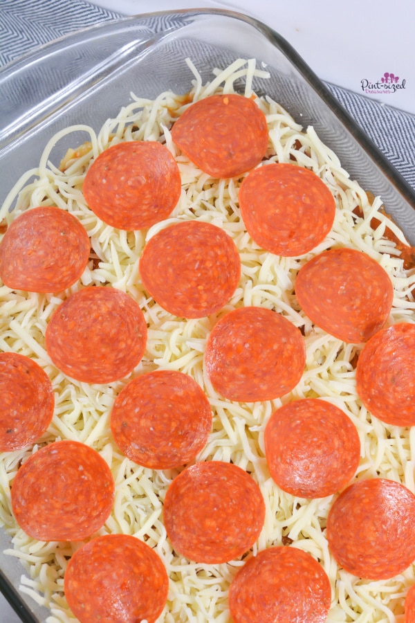 pizza spaghetti casserole is ready to bake