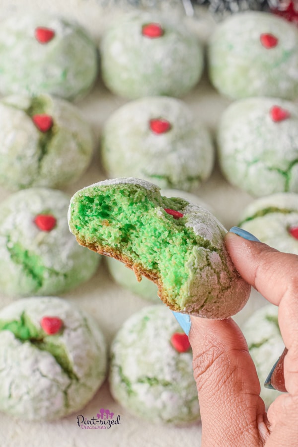 bite of easy Christmas grinch cookies made from cake mix