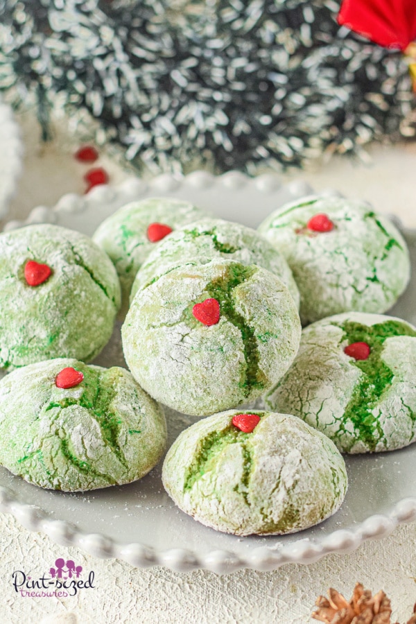 grinch crinkle cookies made from a cake mix