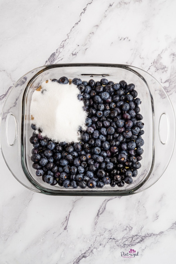 adding sugar to fresh blueberries for blueberry dump cake recipe