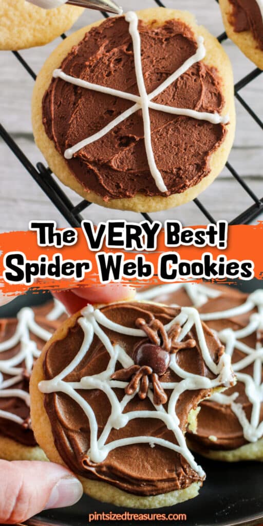 piping frosting onto spider web cookies and serving them