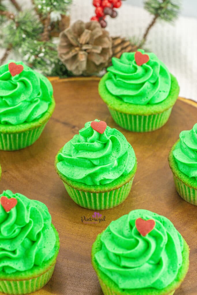 decorated and frosted grinch cupcakes