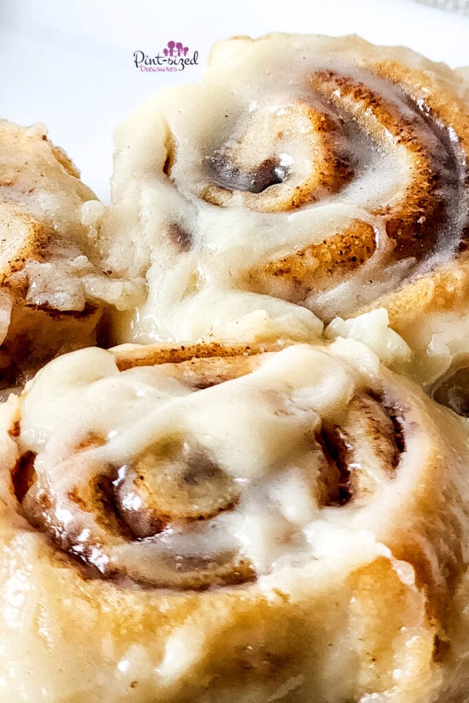 close up of freshly baked cinnamon rolls recipe that's ready in 30 minutes