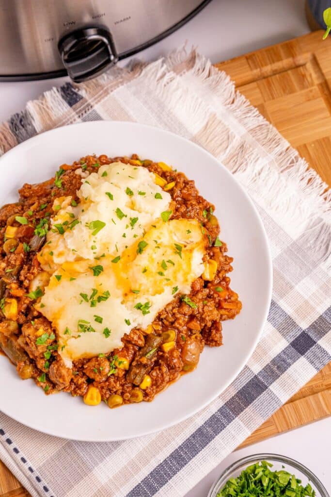 plate with a serving of crock pot shepherd's pie