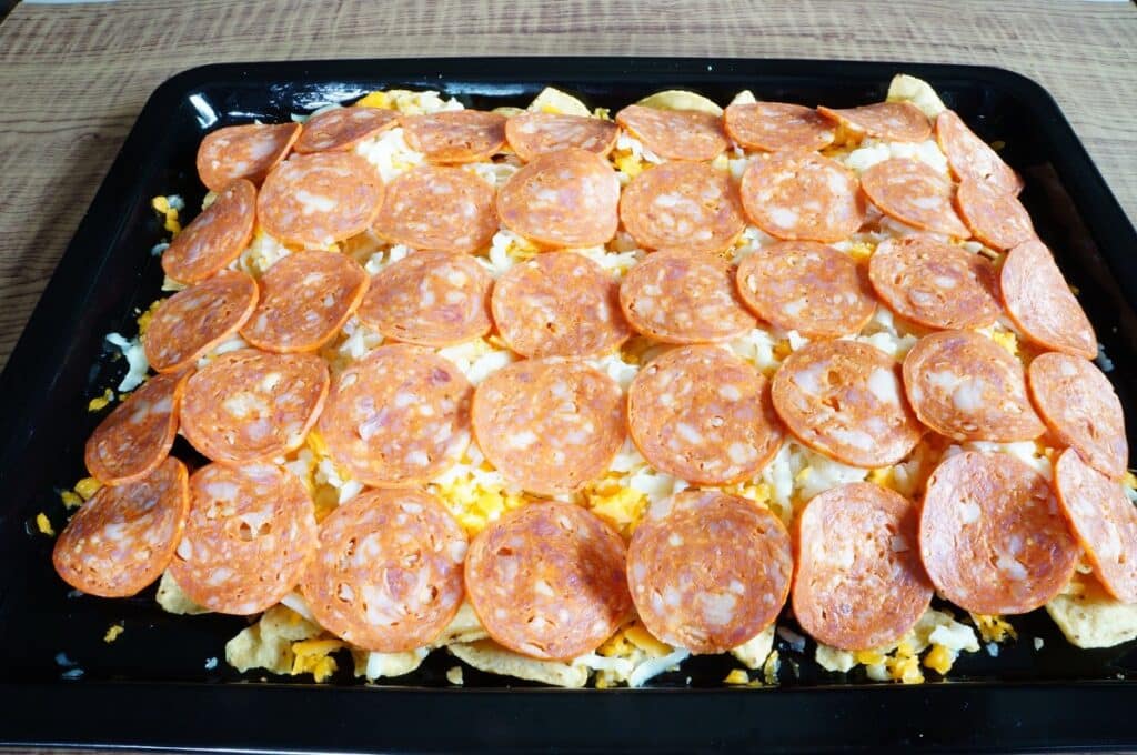 prepping pizza nachos