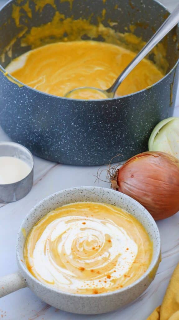 creamy pumpkin soup in bowl